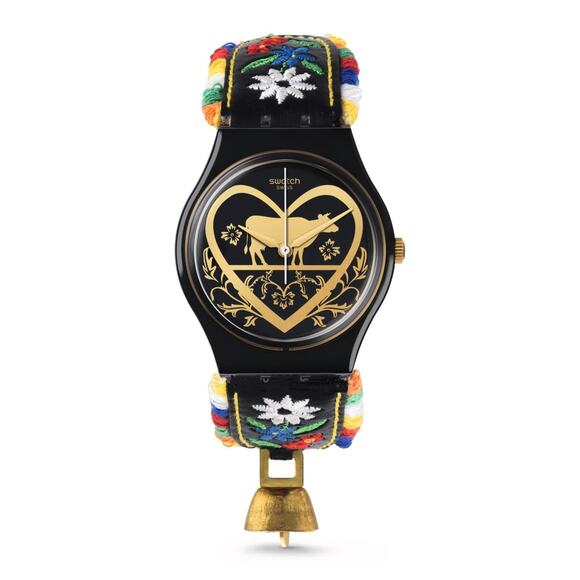 New Swiss Swatch DIE GLOCKE Black Embroidery Leather Women Watch 34mm GB285 - Picture 2 of 4
